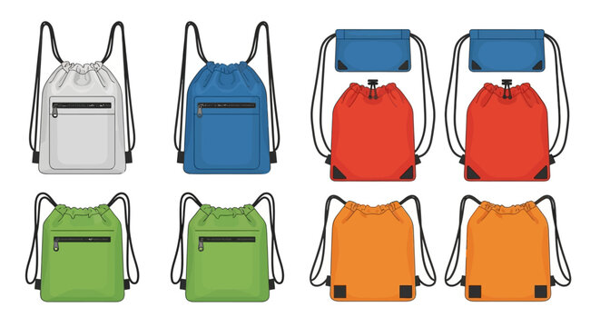Drawstring backpack vector mockups, colorful cinch bag set with front zipper pocket, athletic string bag collection for sports and gym branding