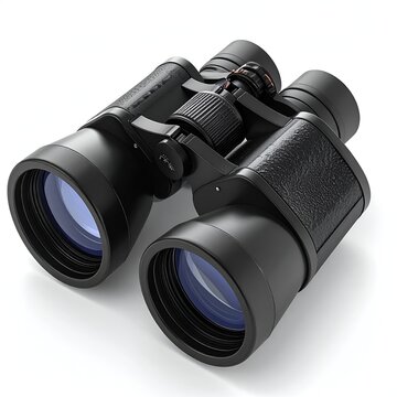 Black binoculars on white background for outdoor adventures and exploration.