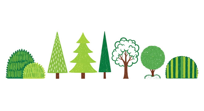 Flat vector tree collection, green forest and garden plant set, minimalist outdoor landscape elements, organic foliage and shrub icons for map design