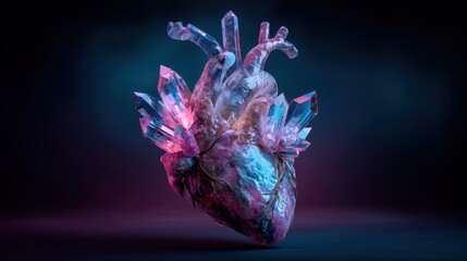 Obraz premium Creative representation of a heart structure with vibrant crystal formations and glowing neon effects in a dark background
