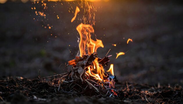 A small campfire made of dried leaves and twigs burns brightly outdoors at dusk igniting the night