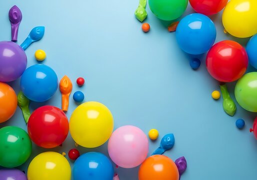 Colorful balloons and inflators on blue background for party decoration ideas