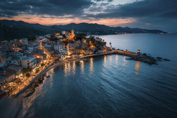 Naklejka premium Small coastal town at dusk with glowing sky and calm sea reflecting warm lights, peaceful harbor with lighthouse and mountains in background creating serene atmosphere