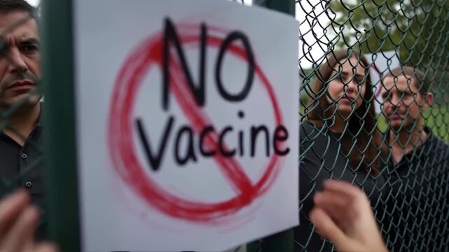 Protesters hold "No Vaccine" sign. Activists stand behind fence. Concerned crowd expresses opposition. Public health debate, social unrest. Concept of freedom and choice.
