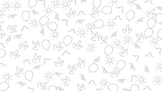 Seamless hand-drawn doodle animation of balloons, suns and leaves on a white textured background, ideal for kids designs, stationery, wallpapers and motion loops