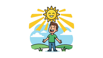 A cartoon boy stands under a smiling sun on a sunny day outdoors © Marsya