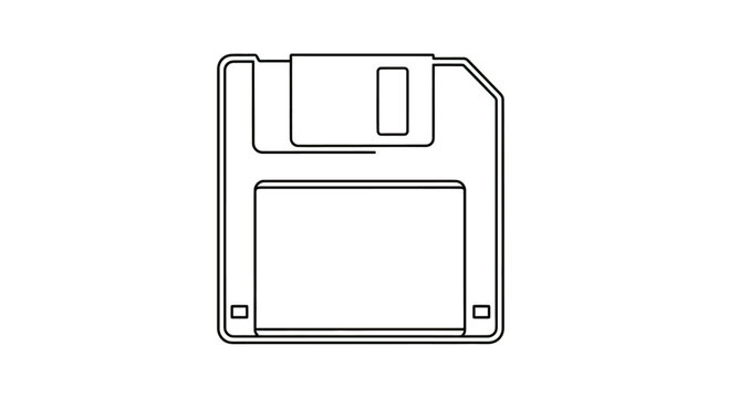 A simple black outline drawing of a floppy disk on a white background