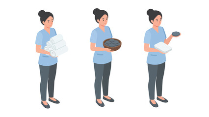 Fototapeta premium Isometric Service Worker Tasks: Clean Towels, Laundry Basket, and Room Amenities Preparation