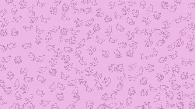 Soft pastel pink seamless pattern of tiny handdrawn animal doodles on a subtle background, ideal for wallpaper, fabric, stationery and motion loops
