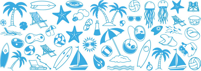 Vibrant beach and ocean themed icon collection with various elements © Sadman Art