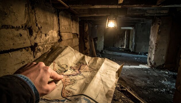 A hand tracing a worn, dog-eared map of a hostile territory in a dimly lit, ancient underground structure