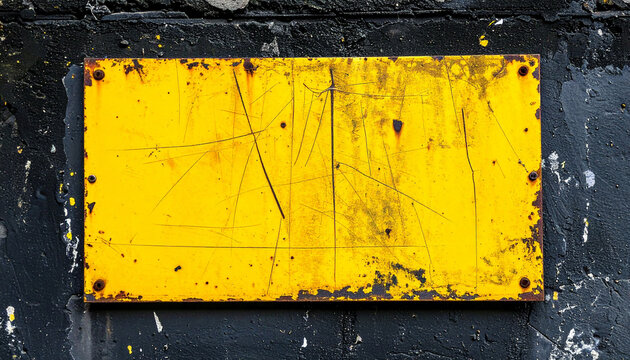 Weathered yellow metal sign with scratches and worn edges on dark concrete wall, blank mock-up surface, gritty urban style.