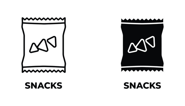 Pack of crispy corn triangle snacks food packaging outline and solid black silhouette vector icons for grocery store branding