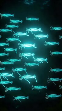 School of bioluminescent squids in the deep sea