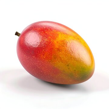 Close-up of a ripe mango with vibrant colors and smooth skin.