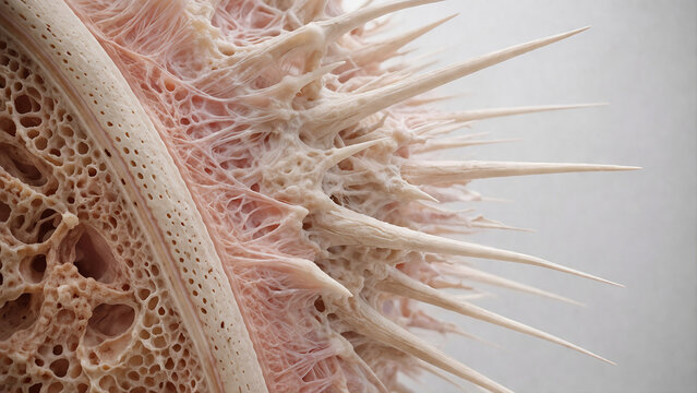 Photorealistic medical-grade 3D anatomical: long bone segment with aggressive periosteal reaction forming radiating spicules (&ldquo;sunburst&rdquo; appearance) emanating from the cortex