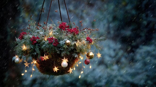 Holiday decorations hang from trees in a snowy outdoor setting during winter