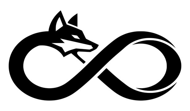 A black and white drawing of a wolf head in an infinity symbol