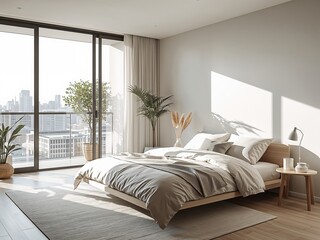Fototapeta premium Minimal bedroom scene with sunlight streaming through large window onto soft bedding and neutral decor, representing calm living, modern design and interior serenity