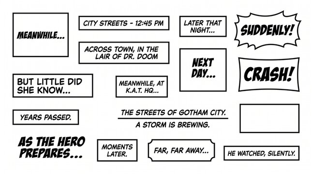 Various comic book style narration panels and dramatic sound effect bubbles for graphic novel storytelling and scene transitions.