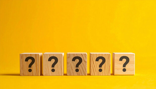 Row of wooden cubes with question marks on a bright yellow background. Concept of multiple questions, FAQ, choices, and decision making with copy space.