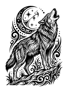 Detailed black and white illustration of a wolf standing on a rock, howling at a crescent moon with
