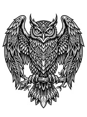 Fototapeta premium A monochrome illustration of an owl with highly detailed, ornamental feather patterns. The owl is