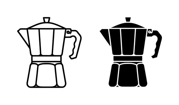 Moka Pot Icon Set with Outline and Solid Black Silhouette