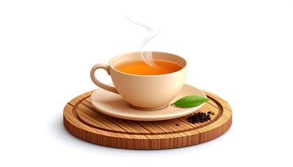 Obraz premium A warm cup of tea on a wooden coaster. Steam rises from the beverage. A tea leaf and loose tea are beside the cup