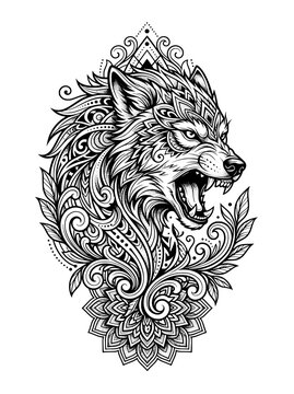 Detailed black and white illustration of a wolf head with intricate tribal swirls and mandala