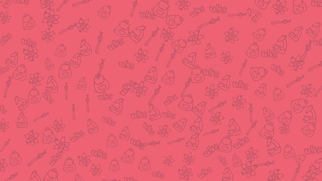 Looping video of a seamless pink doodle pattern featuring birthday icons, cakes, balloons, hats and confetti for festive backgrounds and product packaging.