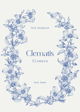 Vintage flowering frame illustration for design greeting card, wedding decor, invitation. Toile art Vector floral background, blue beige. Delicate Clematis flowers, leaves Hand drawn engraved elements