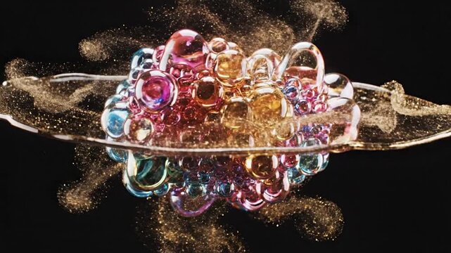 Abstract visualization of iridescent colorful bubbles with golden particles, representing complex scientific data, AI systems, and future technology. Ideal for research, innovation, and digital...