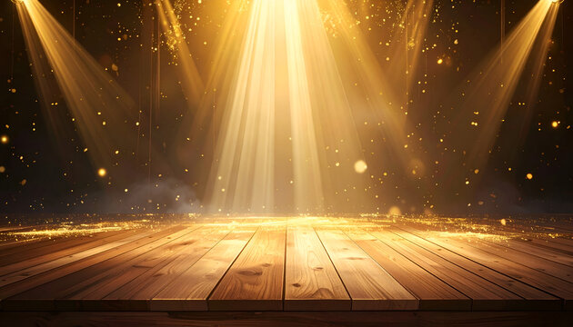 Golden Stage Spotlight with Wooden Floor and Floating Particles.