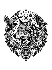 Fototapeta premium Detailed black and white illustration of a fierce wolf head surrounded by decorative patterns two