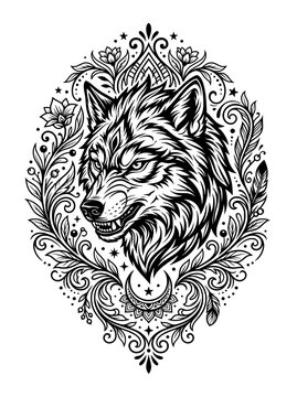 Detailed black and white illustration of a fierce wolf head centered within an ornate mandala