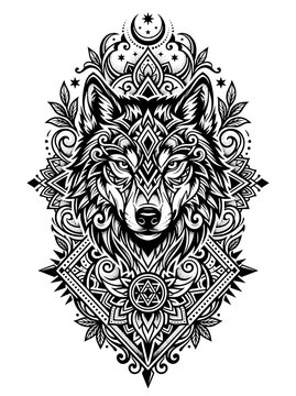 Detailed black and white illustration of a wolf's head integrated into a symmetrical mandala design