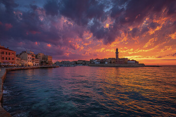 Naklejka premium Sunset harbor lighthouse coastal town dramatic sky water reflection orange sky clouds waterfront buildings Sunset over coastal town harbor with lighthouse, dramatic orange and purple clouds