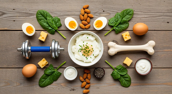 Healthy breakfast and fitness layout, scrambled eggs, boiled eggs, spinach, almonds, cheese cubes, yogurt, chia seeds, dumbbell, bone for health, ingredients for strong bones and muscles.