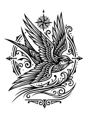 Obraz premium Black and white illustration of a swallow bird in flight with ornate swirling details and a compass