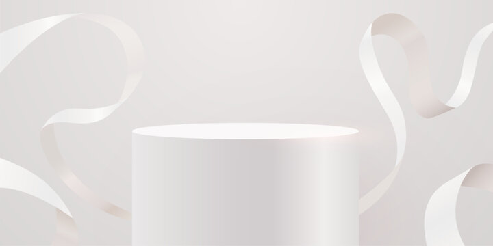 Minimalist white product display podium with flowing ribbons. Elegant empty stage for your brand. Vector illustration
