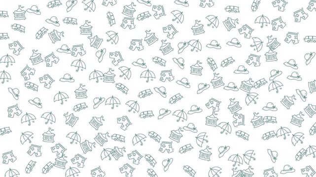 Seamless repeating pattern of teal line-drawn travel icons including umbrellas, cameras, suitcases and bungalows on a clean white background for backgrounds and packaging