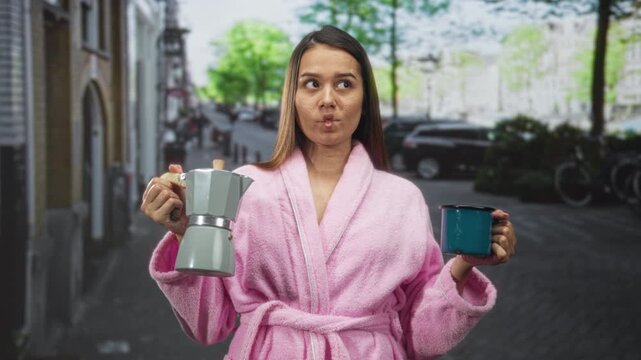 Woman in pink bathrobe holding a stovetop coffee maker and enamel cup, hands visible and puckering lips while standing on a cobblestone street near parked cars and bicycles; morning routine calm.