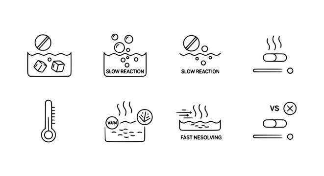 Medical dissolution and reaction vector icons illustrating pill solubility in water, slow vs. fast dissolving processes, and temperature effects in a clean line art style.