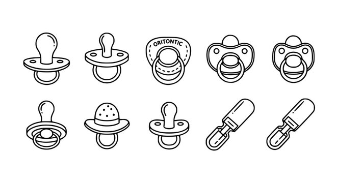Comprehensive baby pacifier and orthodontic soother vector icon set featuring various nipple shapes, shield designs, and attachment clips in clean line art.