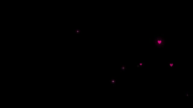 Looping video pink star and love shape glow particles on black screen background. bokeh pink glittering celebration. magic line dust, pixie dust path, cartoon glitter, flat, vector, doodle star