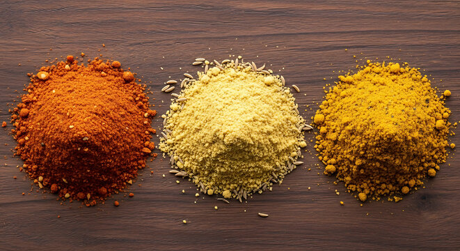 Three mounds of colorful indian spices on dark wooden table background showing chili powder cumin seeds and turmeric in vibrant red yellow and orange shades for cooking flavoring and culinary arts.