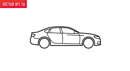 Fototapeta premium Black line drawing of a modern four-door sedan on a white background