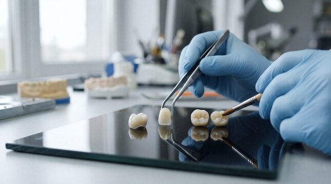 Hands in blue gloves meticulously arrange dental crowns on a black reflective surface, illustrating precision crafting in a dental lab.