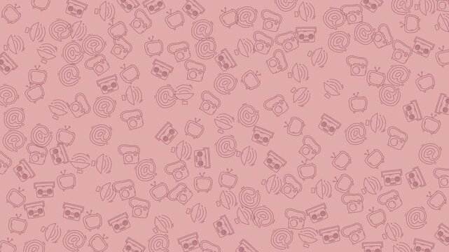 Seamless pink wallpaper of hand-drawn cosmetic icons and roses, perfect for beauty packaging, textiles, backgrounds and branding.
